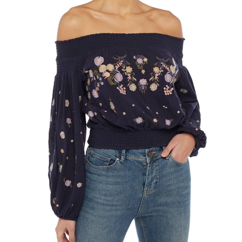 Free People Saachi Blue Floral Smocked Blouse Size Large
